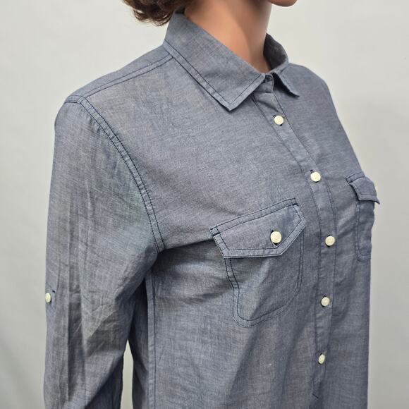 J. Crew Chambray Popover Tunic Shirt Women M Blue Long Sleeve Roll tab Button Up - Picture 7 of 12